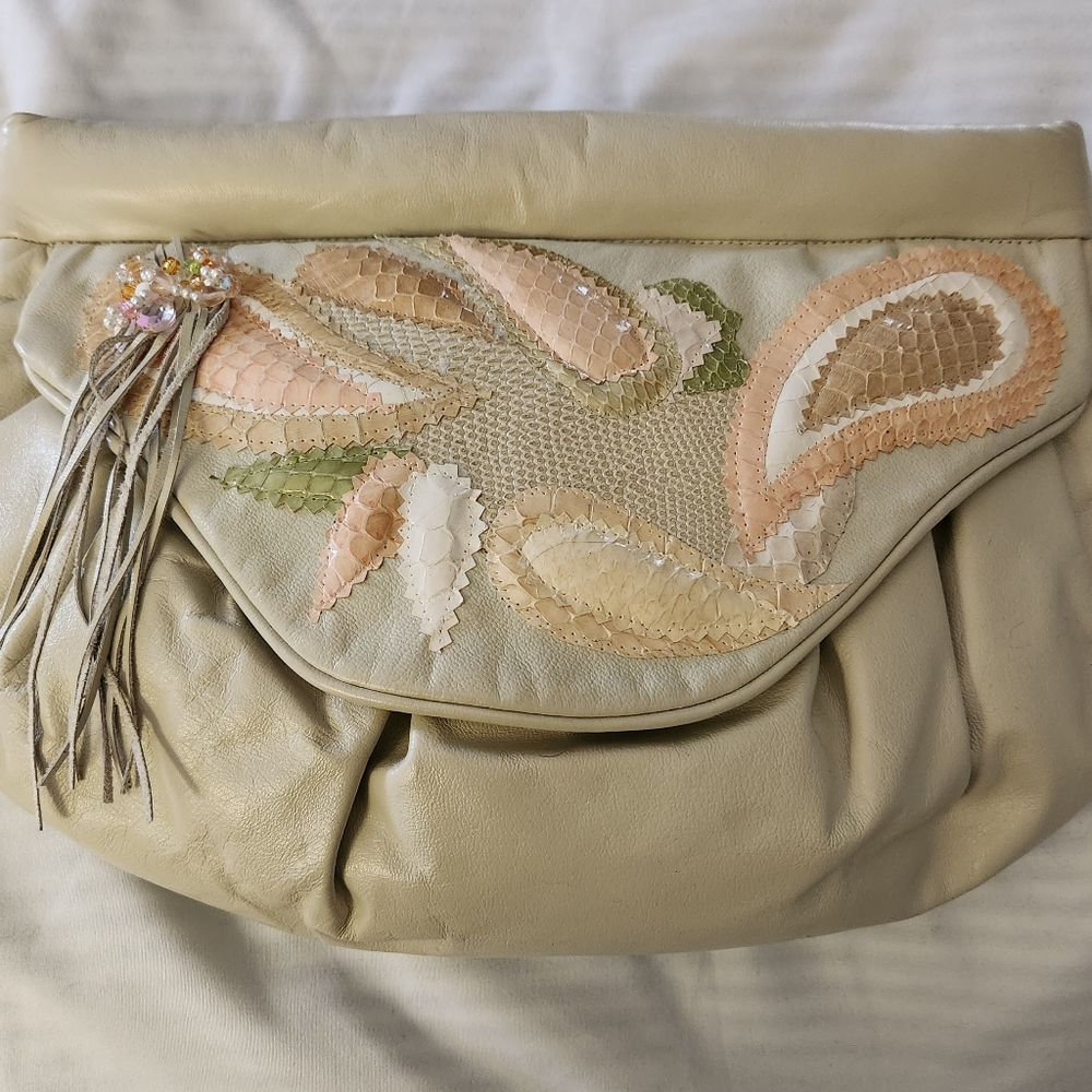 Ladies clutch  hand bag  with shoulder strap  leather and snake  skin  retro.